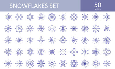 Collection of 50 unique winter snowflake icons in clean outline style. Minimalistic geometric snowflake symbols with symmetrical shapes, perfect for Christmas and winter design projects. Ideal for web