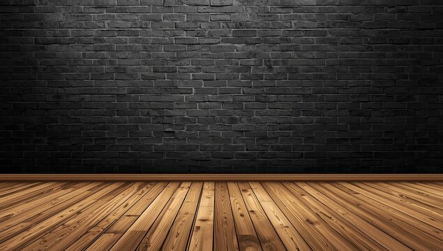 Empty room with dark brick wall and rustic wooden floor, dramatically lit by spotlights, forming a stylish versatile background for designs or product presentations