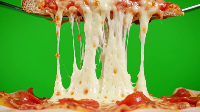 Close-up of a pepperoni pizza slice lifted, showing long strings of melted cheese against green