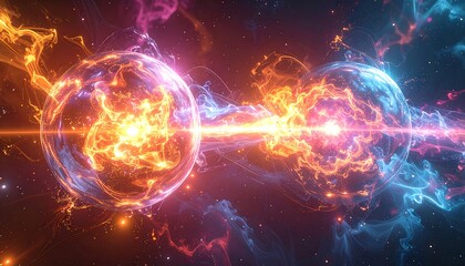 Obraz premium Abstract, vibrant, glowing spheres connect in a dazzling display amidst a nebula-like, colorful cosmic background