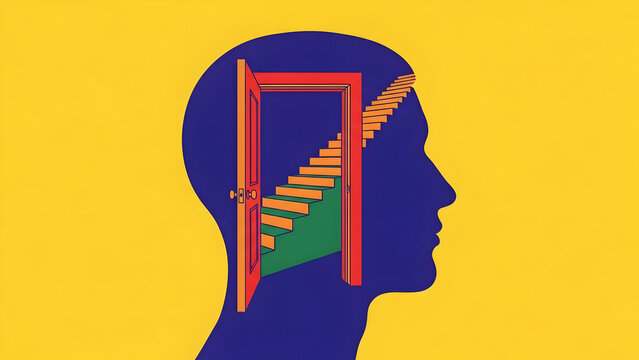 Conceptual illustration of a human head profile revealing an open doorway with ascending stairs inside, symbolizing imagination, inner journey, personal growth, and mental exploration