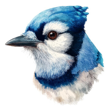 Watercolor illustration of Blue Jay Head, vector artwork, isolated on white background.