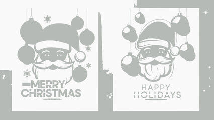 Grayscale christmas cards with santa claus and ornaments on white background, holiday greeting illustrations