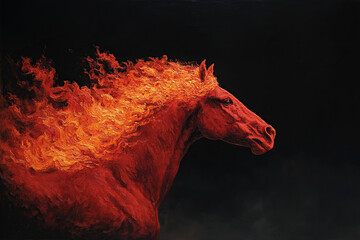 Profile Portrait Of Red Fire Horse Oil Painting Style