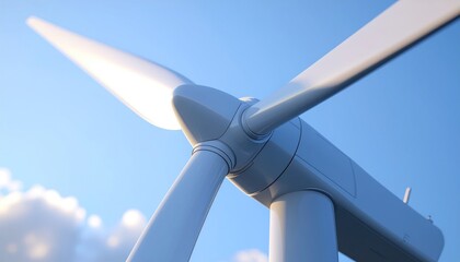 Close-up view of a wind turbine with rotating blades against a clear blue sky, showcasing renewable energy
