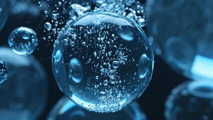 Captivating macro shot of shimmering blue liquid bubbles rising and floating gracefully in a dark mysterious fluid evoking a sense of scientific discovery and pristine purity perfect for themes of hy. - Powered by Adobe