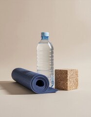 Essential items for a refreshing yoga or fitness workout a rolled blue mat, a water bottle, and a cork block, promoting a healthy and balanced lifestyle