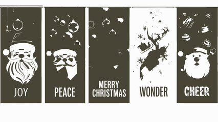 Christmas decorations with santa claus, reindeer and holiday phrases on green and white background, festive illustrations for seasonal greeting cards