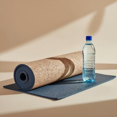 Rolled yoga mat and water bottle on a muted background with soft shadow