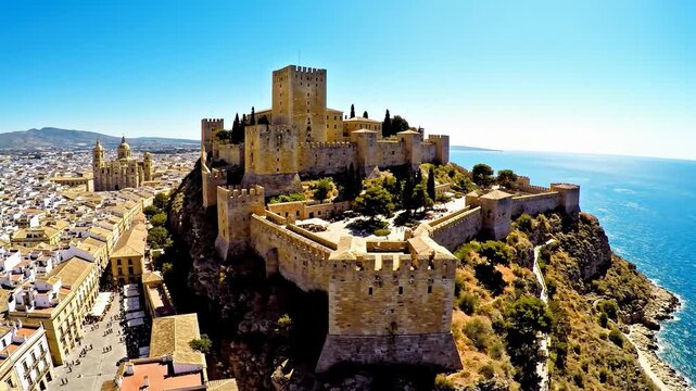 Aerial View of Alcazaba of Antequera, Spain, With the Cityscape and Sea in Background