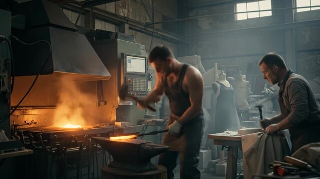 Two men working in a hot, smoky blacksmith shop, hammering glowing metal on an anvil