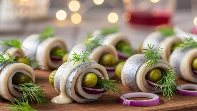 Christmas or New Year's Eve Dinner Starter Herring Rollmops with Bokeh Lights Background