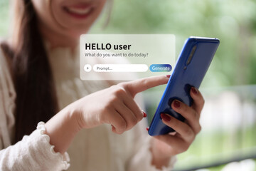 Asian adult female user interacts with artificial intelligence chatbot on smartphone creating content using generative AI technology