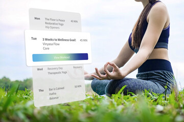 Asian adult woman meditating yoga pose outdoor with digital fitness app wellness program mindful exercise health technology workout schedule management