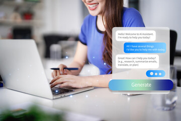 Asian adult woman uses laptop interacts AI chatbot assistant generating solutions for business work digital tasks modern office home workspace