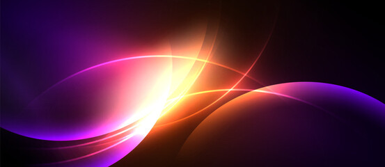 Abstract vibrant curves, glowing light. Purple, orange, pink hues blend seamlessly. Dynamic energy radiates from central point.