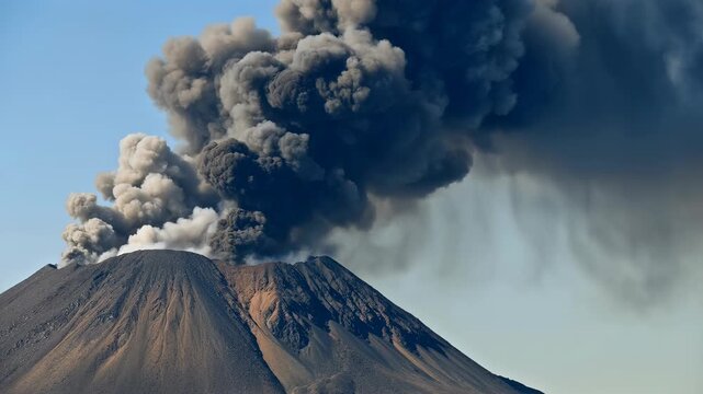 Volcanic eruption with a towering ash cloud against a clear blue sky. the scene depicts the power and awe of nature, showcasing the majestic and destructive force of the volcano as it releases smoke a