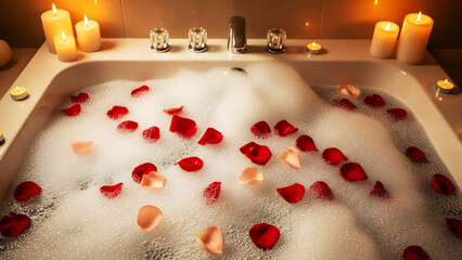 Luxurious bathtub with foam and rose petals surrounded by candles  