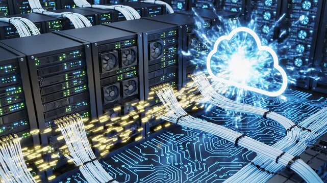 Futuristic Cloud Computing Data Center with Servers and Network Connections.