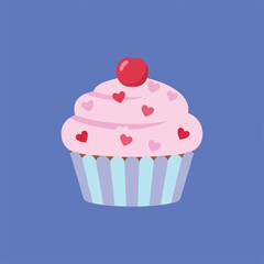 A charming cartoon cupcake with pink frosting, scattered hearts, and a bright red cherry sits against a solid blue background.