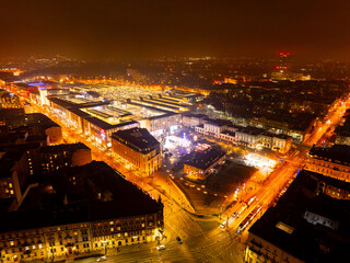 Krak&oacute;w Transport Hub: Aerial Night View of Main Railway Station and Galeria Krakowska
