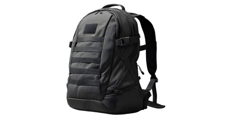 Naklejka premium Modern black tactical backpack showcasing high-performance design and durable construction isolated on white background