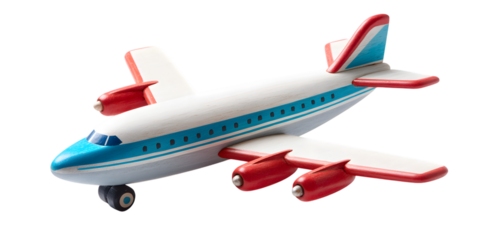 Colorful wooden toy airplane with red engines and blue details, isolated on black background isolated on white background