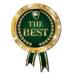best choice label. Realistic golden-green label icon, with ribbon. "The Best" medal with gold edging and diamonds.  Vector drawing of a label icon with text. 