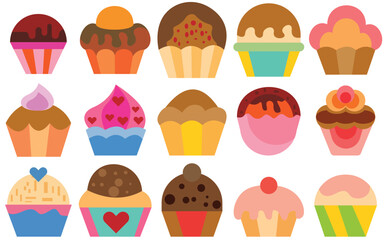 Hand Drawn Cartoon Cupcakes and Drinks Collection, Cute Vector Art Dessert Set Isolated on White