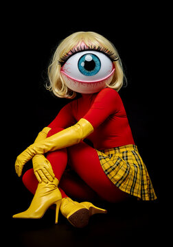 Female model in bizarre zentai fashion with huge eyeball mask posing on black background.