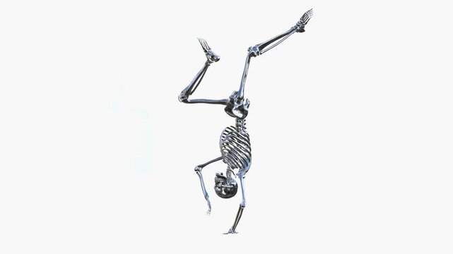 This 3D artwork depicts a shiny, metallic human skeleton striking a playful dancing pose, blending anatomical structure with artistic, stylized movement.