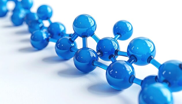 Blue molecule structure with interconnected spheres, laid on white surface with soft shadows, suggestive of scientific model - Powered by Adobe