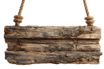 Rustic wooden sign hanging from a thick rope on a black background for text space isolated on white background