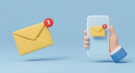 Cheerful 3D rendered cartoon hand holding a modern smartphone displaying a new email message notification with an unread envelope on a simple light blue backdrop