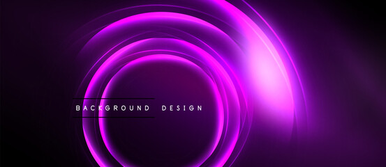 Abstract purple neon circles over black background. Modern design element, vibrant glow, dynamic composition. Simple text overlay present.
