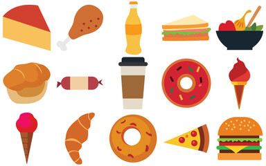 Food and Drink Icon Collection with Burger, Pizza, Ice Cream, Coffee, and Wine, Vector 
