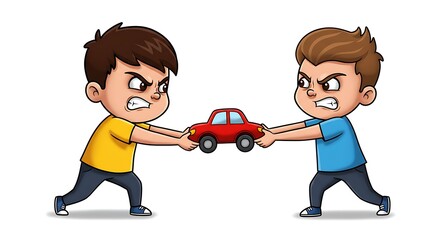 Two cartoon children fighting over a small red car, depicted in a playful, stylized illustration