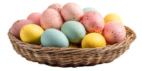 Wicker basket filled with pastel speckled easter eggs on a dark background isolated on white background