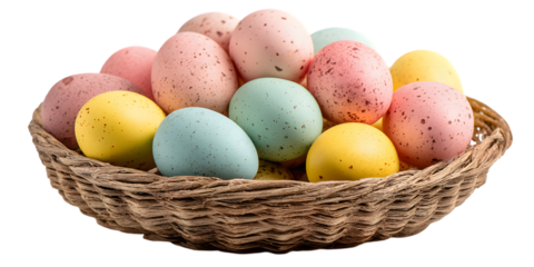Wicker basket filled with pastel speckled easter eggs on a dark background isolated on white background