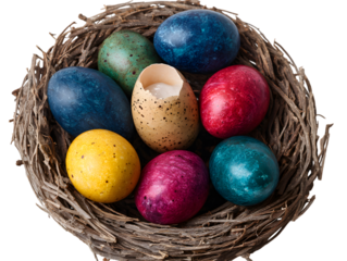 A bird's nest filled with vibrant, multicolored easter eggs including one cracked shell isolated on white background