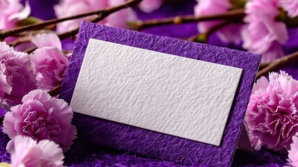 Mother's Day flat icon: left blank card pink carnations, right blank tag, purple-pink-white palette, app icon, web sticker