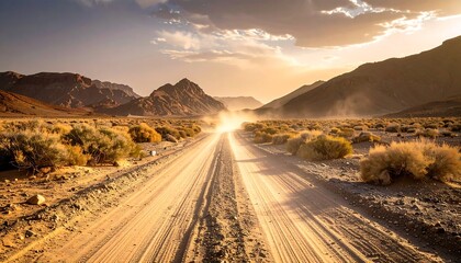 Arid landscape with a dirt road leading to distant mountains under a warm, hazy sunset