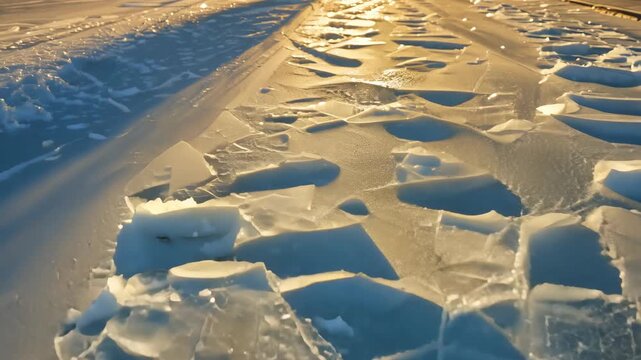 Golden sunlight illuminates intricate snow patterns on a frozen surface, creating abstract art. smooth curves and geometric shapes reflect the serene beauty of a winter landscape, evoking calm and cur