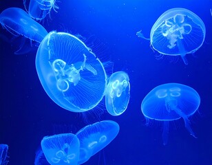 Transparent, bioluminescent jellyfish drift in a deep blue ocean, illuminated, ethereal, and magical