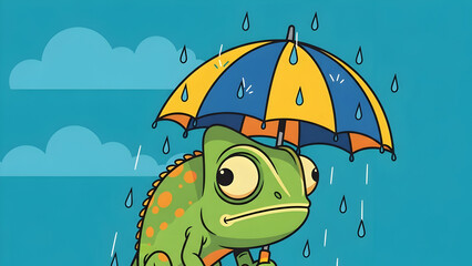 Adorable chameleon sheltering beneath an umbrella during gentle rainfall in a detailed close view, whimsical character scene conveying charm, protection, and playful rainy day mood