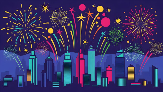 Dazzling fireworks bursting above a modern city skyline at night, radiant explosions illuminating urban silhouettes and celebrating festive atmosphere, public celebration, and vibrant metropolitan ene