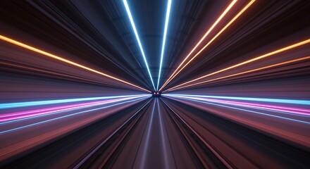 Tunnel perspective with neon light streaks creating speed effect, vibrant, futuristic travel concept