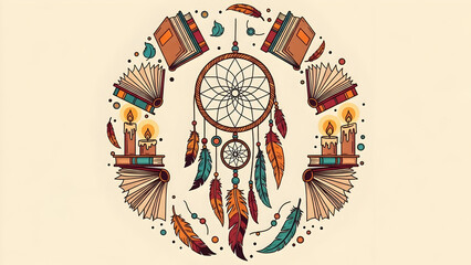 Decorative circular dreamcatcher adorned with books, candles, and feathers, mystical cozy arrangement conveying knowledge, spirituality, and calm ambiance
