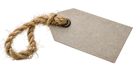 Blank beige price tag with rustic jute rope loop for custom text and branding isolated on white background