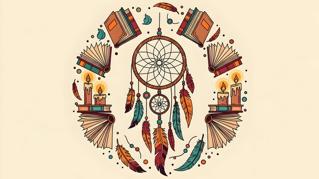 Decorative circular dreamcatcher adorned with books, candles, and feathers, mystical cozy arrangement conveying knowledge, spirituality, and calm ambiance